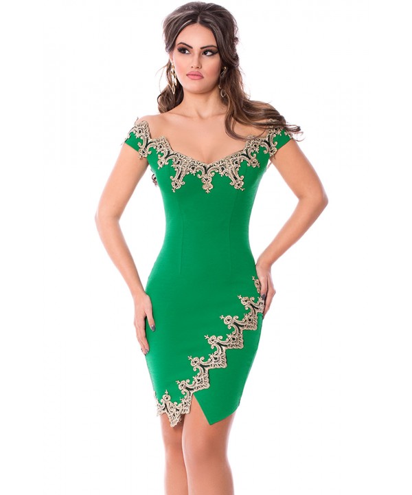 Gold Lace Applique Green Off Shoulder Mini Dress