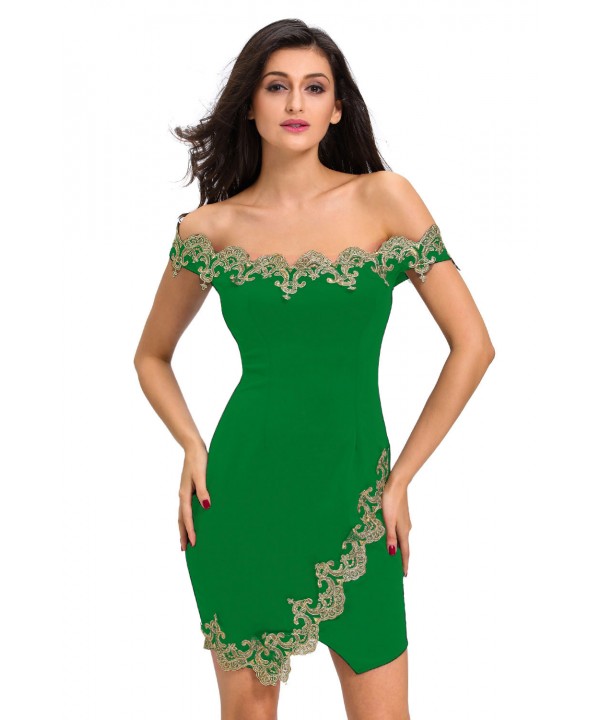 Gold Lace Applique Green Off Shoulder Mini Dress