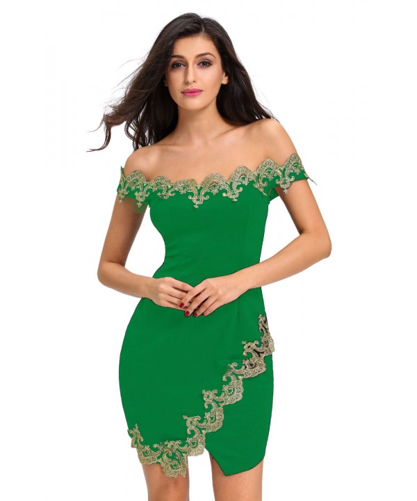 Gold Lace Applique Green Off Shoulder Mini Dress