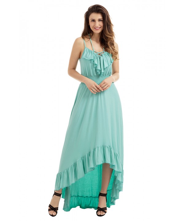 Mint Green Lace Up V Neck Ruffle Trim Hi-low Maxi Dress