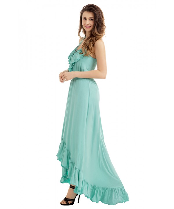 Mint Green Lace Up V Neck Ruffle Trim Hi-low Maxi Dress