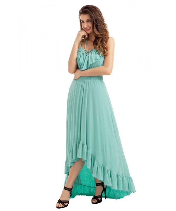 Mint Green Lace Up V Neck Ruffle Trim Hi-low Maxi Dress