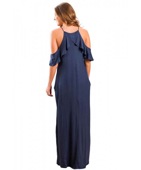 Navy Blue Ruffle Sleeve Cold Shoulder Maxi Dress