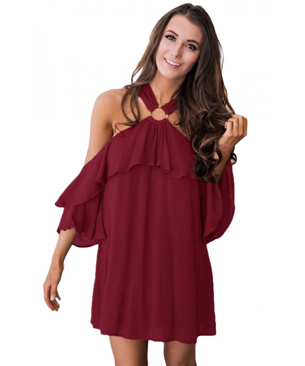 Burgundy Adorable Sexy O Ring Detail Ruffle Dress