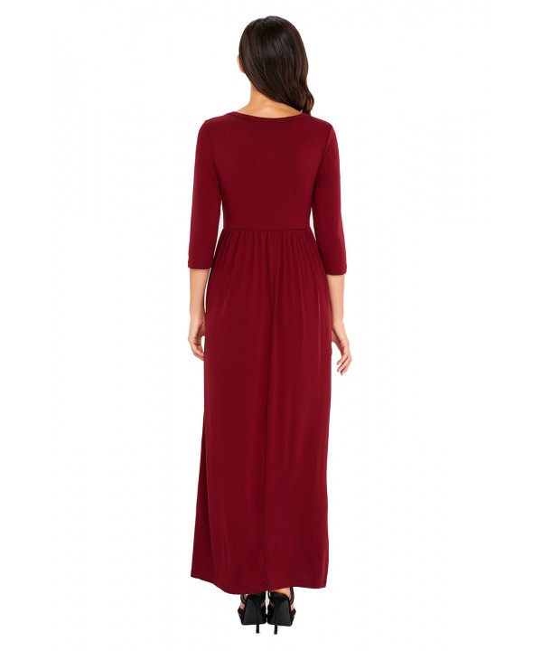 Burgundy Pocket Design 3/4 Sleeves Maxi Dress