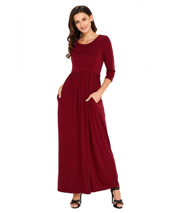 Burgundy Pocket Design 3/4 Sleeves Maxi Dress