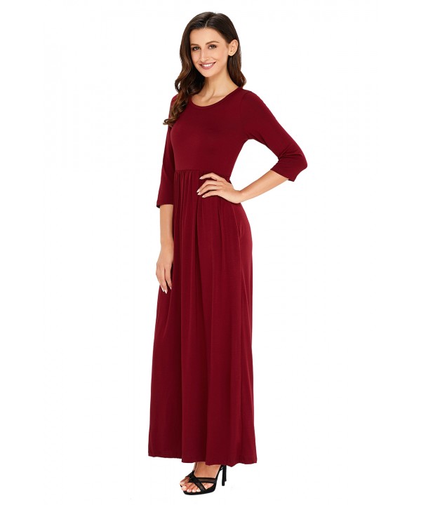 Burgundy Pocket Design 3/4 Sleeves Maxi Dress