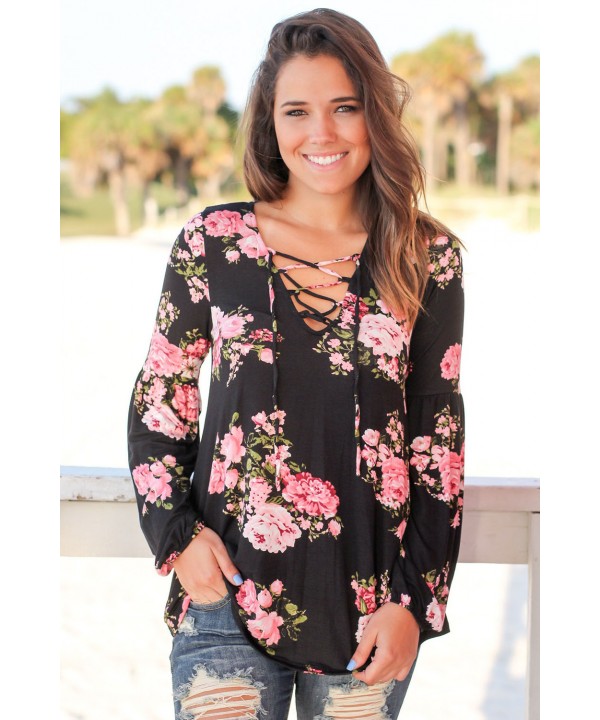 Black Floral Criss Cross Long Sleeve Top