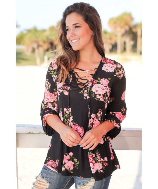 Black Floral Criss Cross Long Sleeve Top