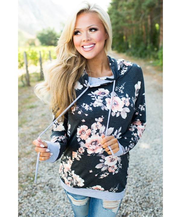 Charcoal Coral Floral Drawstring Hoodie