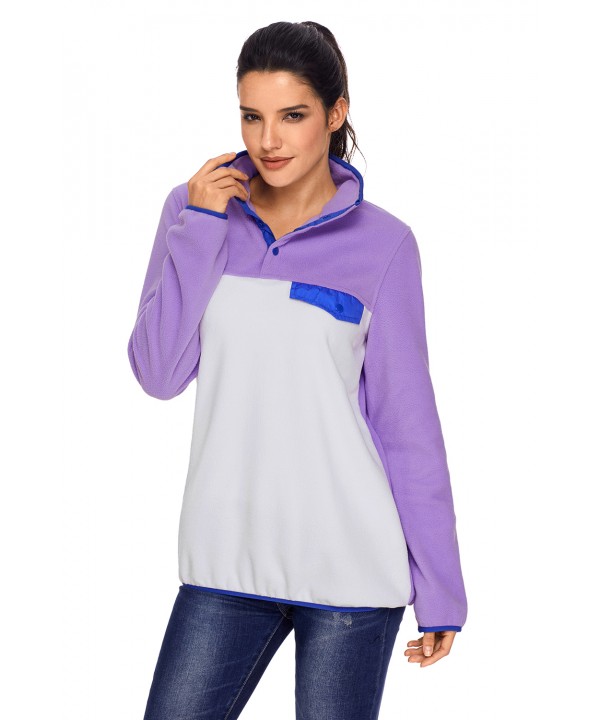 Purple Stand Collar Buttons Fleece Pullover Top