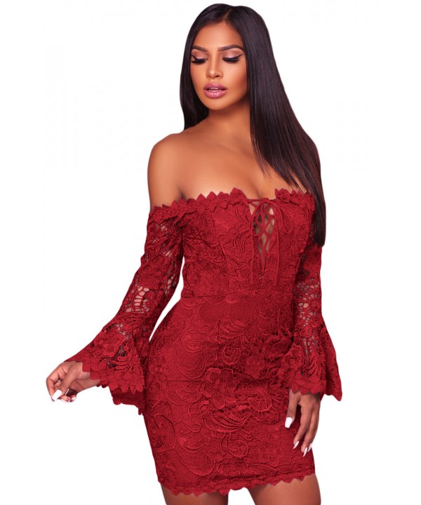 Purplish Red Crochet Overlay Off The Shoulder Fitt...