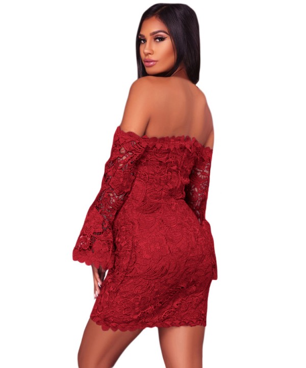 Purplish Red Crochet Overlay Off The Shoulder Fitted Mini Dress