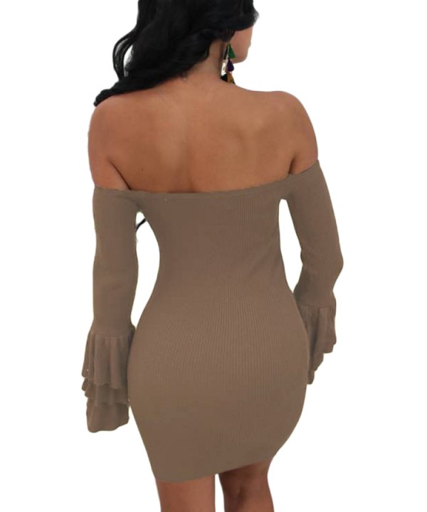 Brown Off The Shoulder Ruffled Sleeve Ribbed Mini Dress