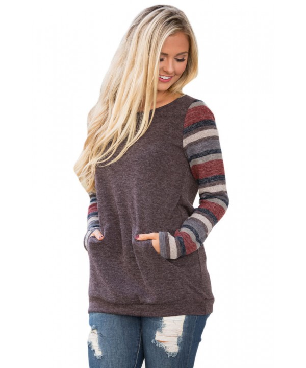 Multicolor Stripes Sleeve Pullover Mocha Sweatshir...