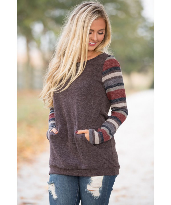 Multicolor Stripes Sleeve Pullover Mocha Sweatshirt