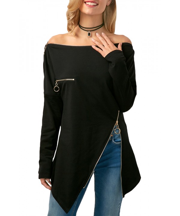 Black Zipper Embellished Asymmetric Hem Blouse