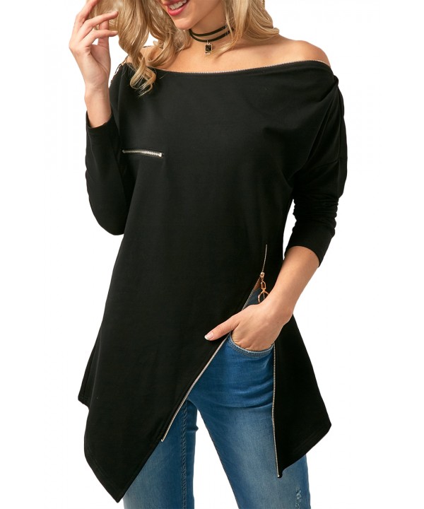 Black Zipper Embellished Asymmetric Hem Blouse