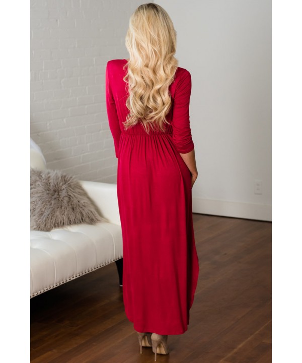 Red Surplice Neck High Waist Pleated Pocket Maxi Dress