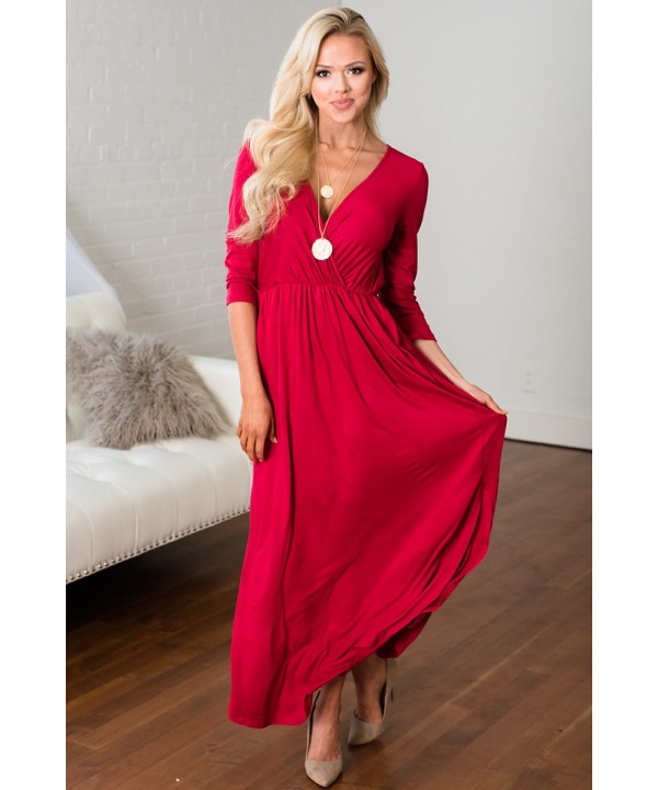 Red Surplice Neck High Waist Pleated Pocket Maxi Dress