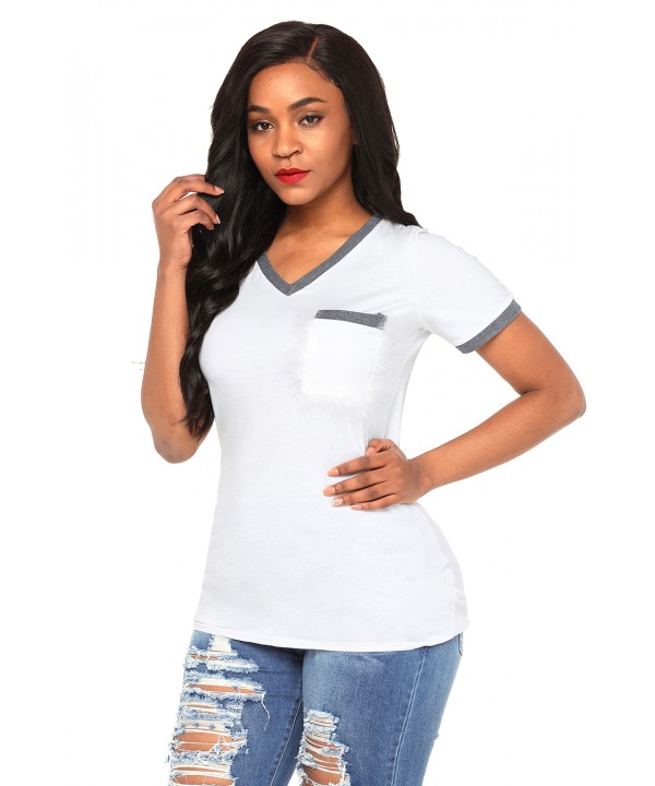 Gray Trimmed White V Neck Pocket Top