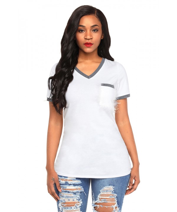 Gray Trimmed White V Neck Pocket Top