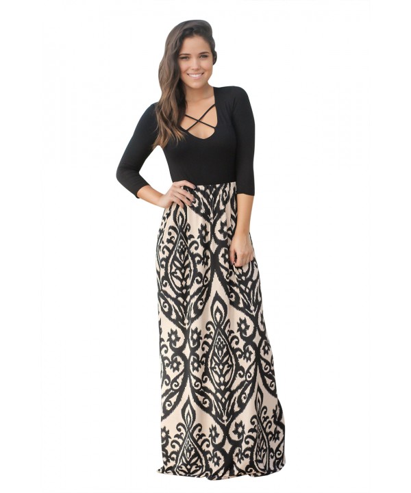 Black Taupe Printed Maxi Dress with Criss Cross To...