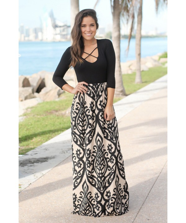 Black Taupe Printed Maxi Dress with Criss Cross Top