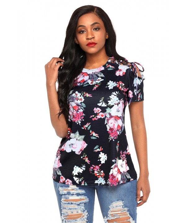 Black Floral Top with Lace up Shoulder