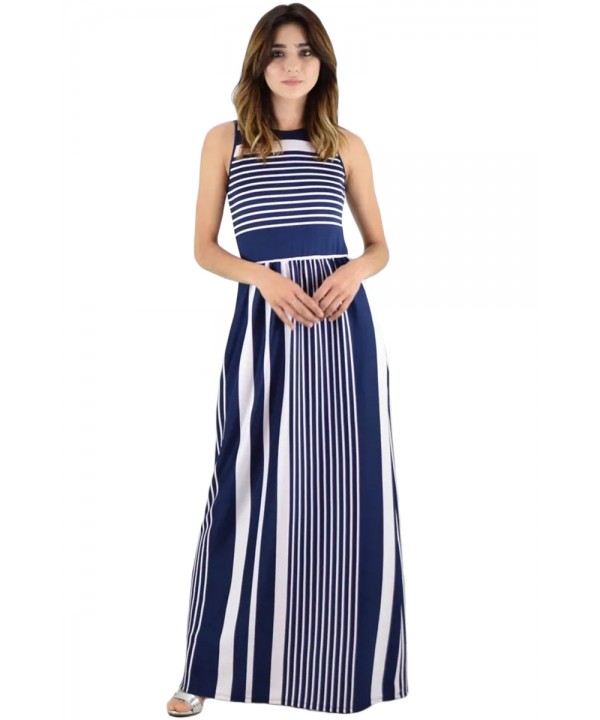 Navy White Striped Pocket Style Maxi Tank Dress