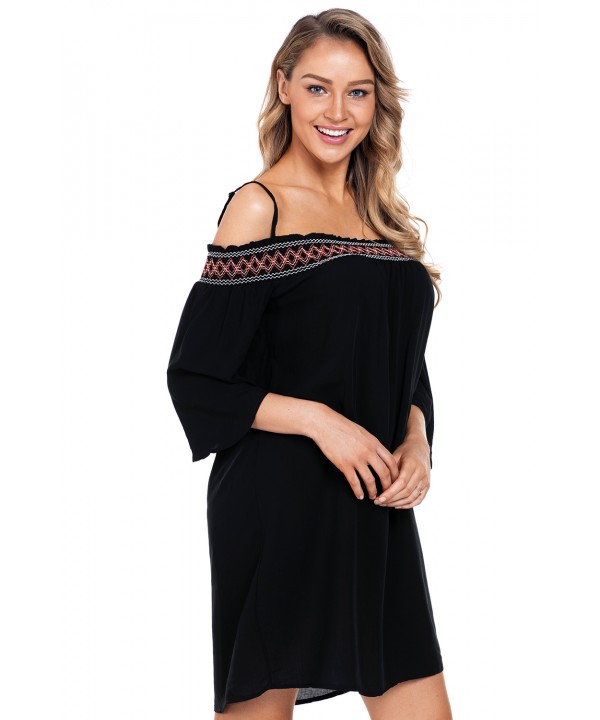 Black Off Shoulder Embroidered Neckline Boho Beach Dress