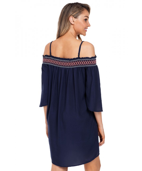 Navy Off Shoulder Embroidered Neckline Boho Beach Dress