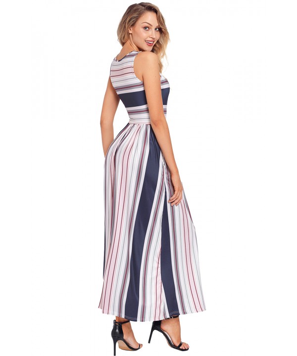 Navy Red Multi Striped Pocket Style Maxi Tank Dress