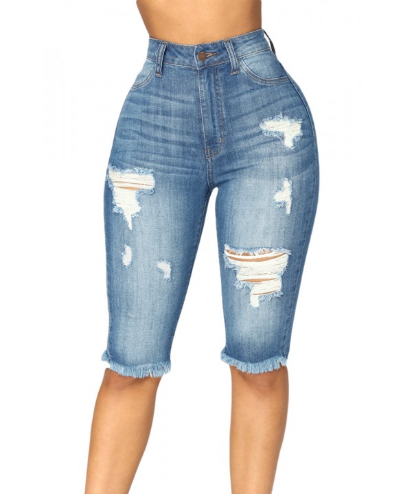 Medium Blue Wash Denim Destroyed Bermuda Shorts