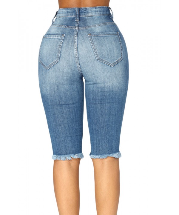 Medium Blue Wash Denim Destroyed Bermuda Shorts