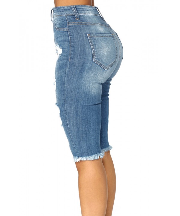 Medium Blue Wash Denim Destroyed Bermuda Shorts