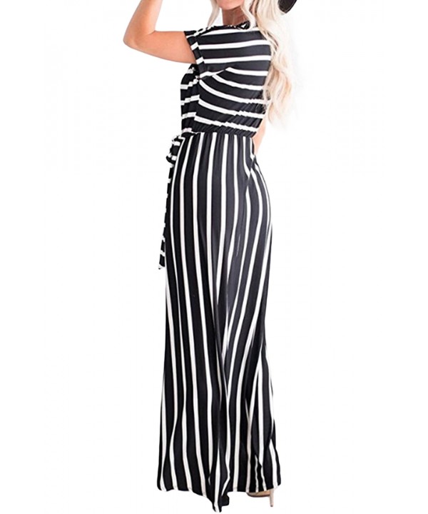 Black White Striped Drape Slit Maxi Dress with Belt