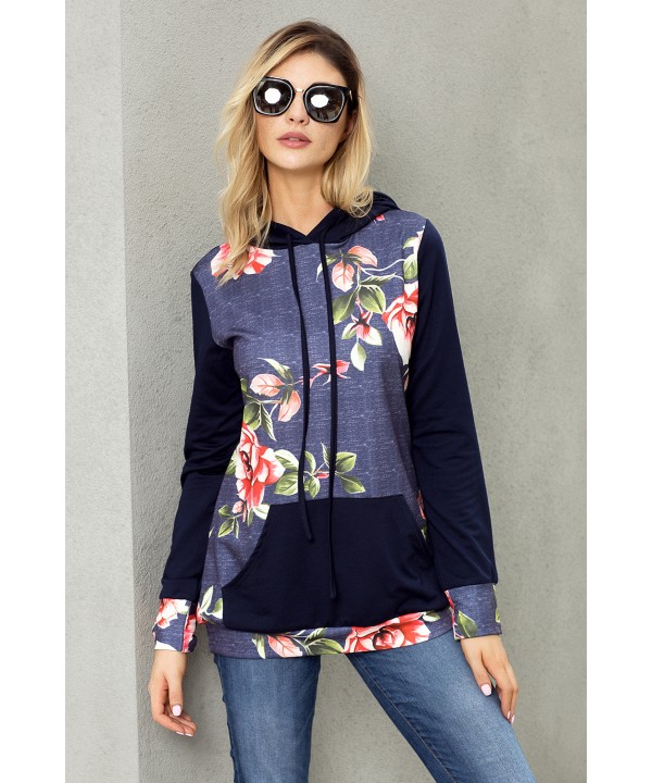 Navy Kangroo Pocket Floral Hoodie