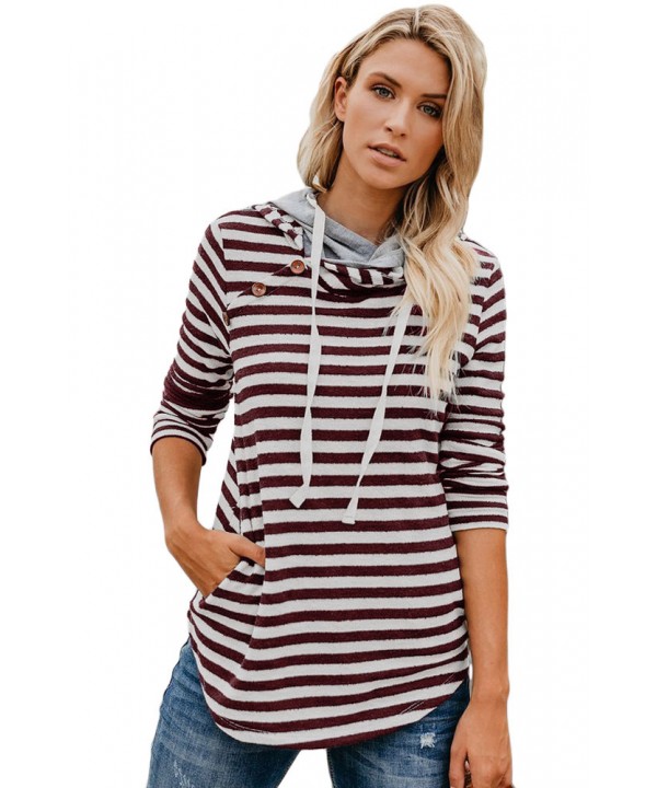 Burgundy Striped Button Detail Hoodie